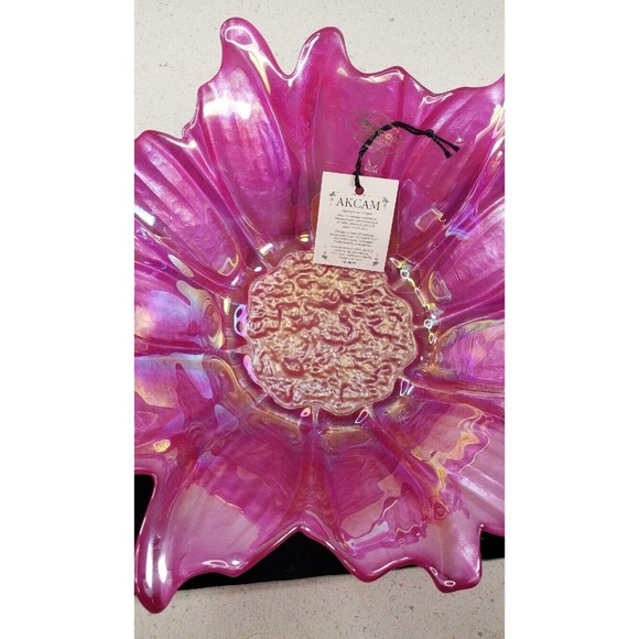 Akcam Turkish Opalescent Fusha  Dark Pink Glass Large Floral Bowl  8.5" NEW - Picture 7 of 9
